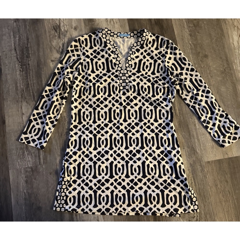 J. McLaughlin Catalina Cloth black/white geo print split neck Tunic Size Xsmall